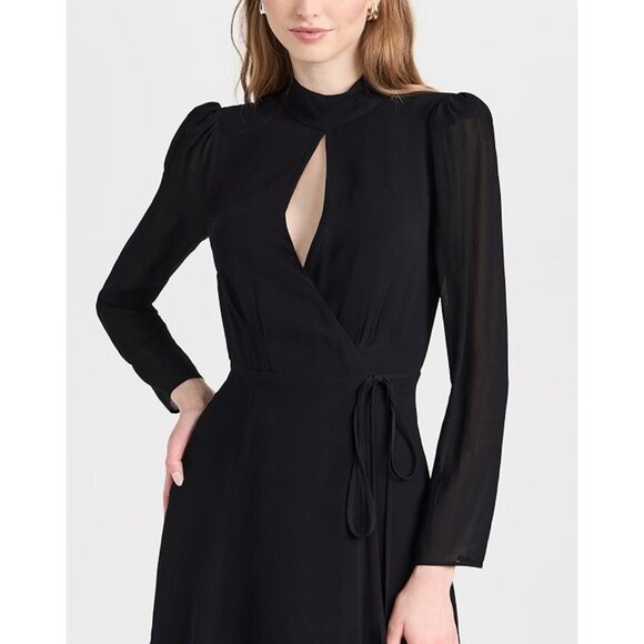 Reformation Ottessa Keyhole Mock Neck Georgette Black Wrap Mini Dress - Picture 1 of 14